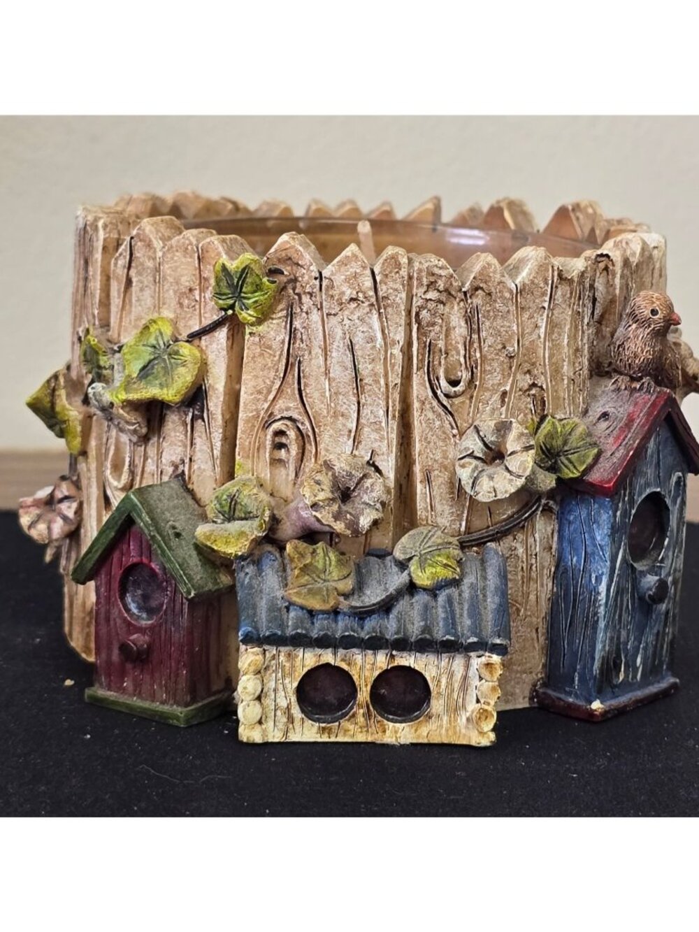 Birdhouse Themed Votive Candle Holder & Insert Rustic Tree Log Homespun Country